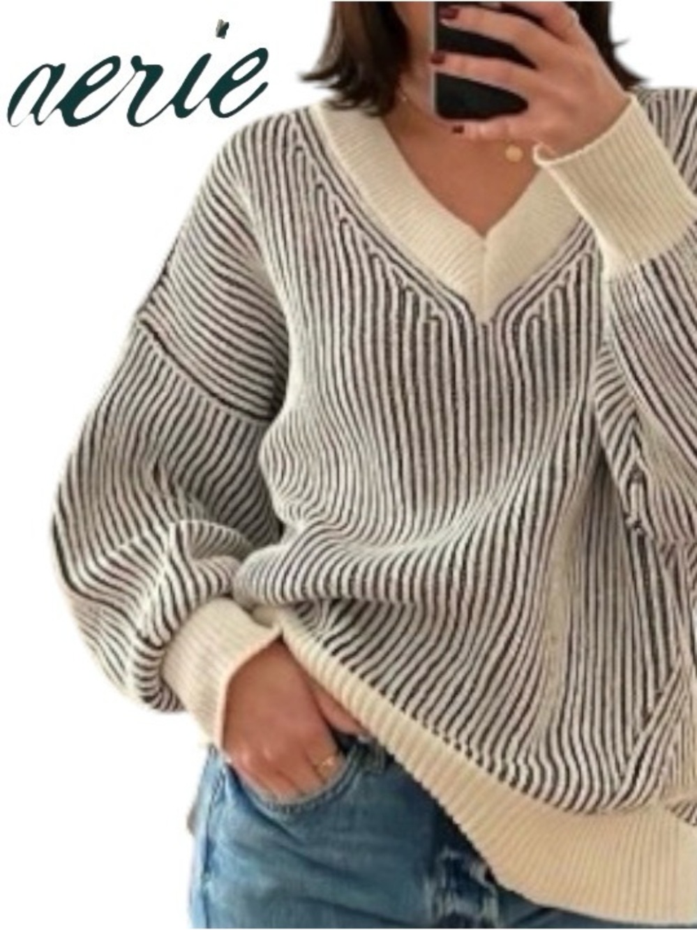Size Small Aerie Beyond Chenille Oversized Ribbed V-Neck Pullover Ribbed Sweater